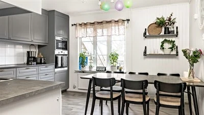 A kitchen with a dining room table