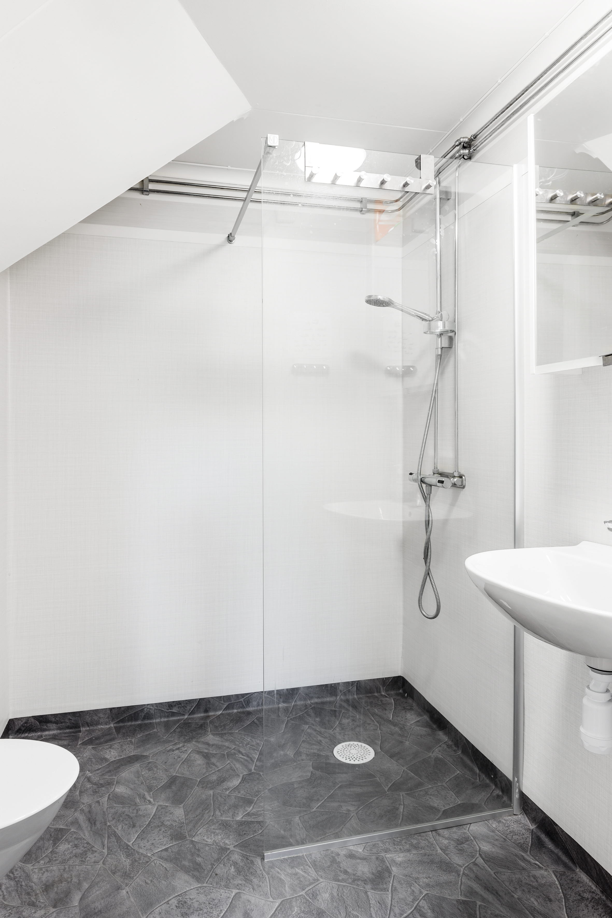 A room with a sink and a shower