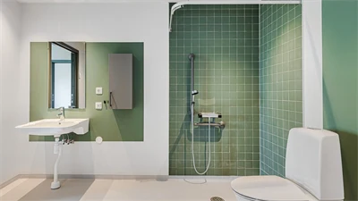 Badrum med duschutrymme i grönt. Resten av rummet är i vitt. 