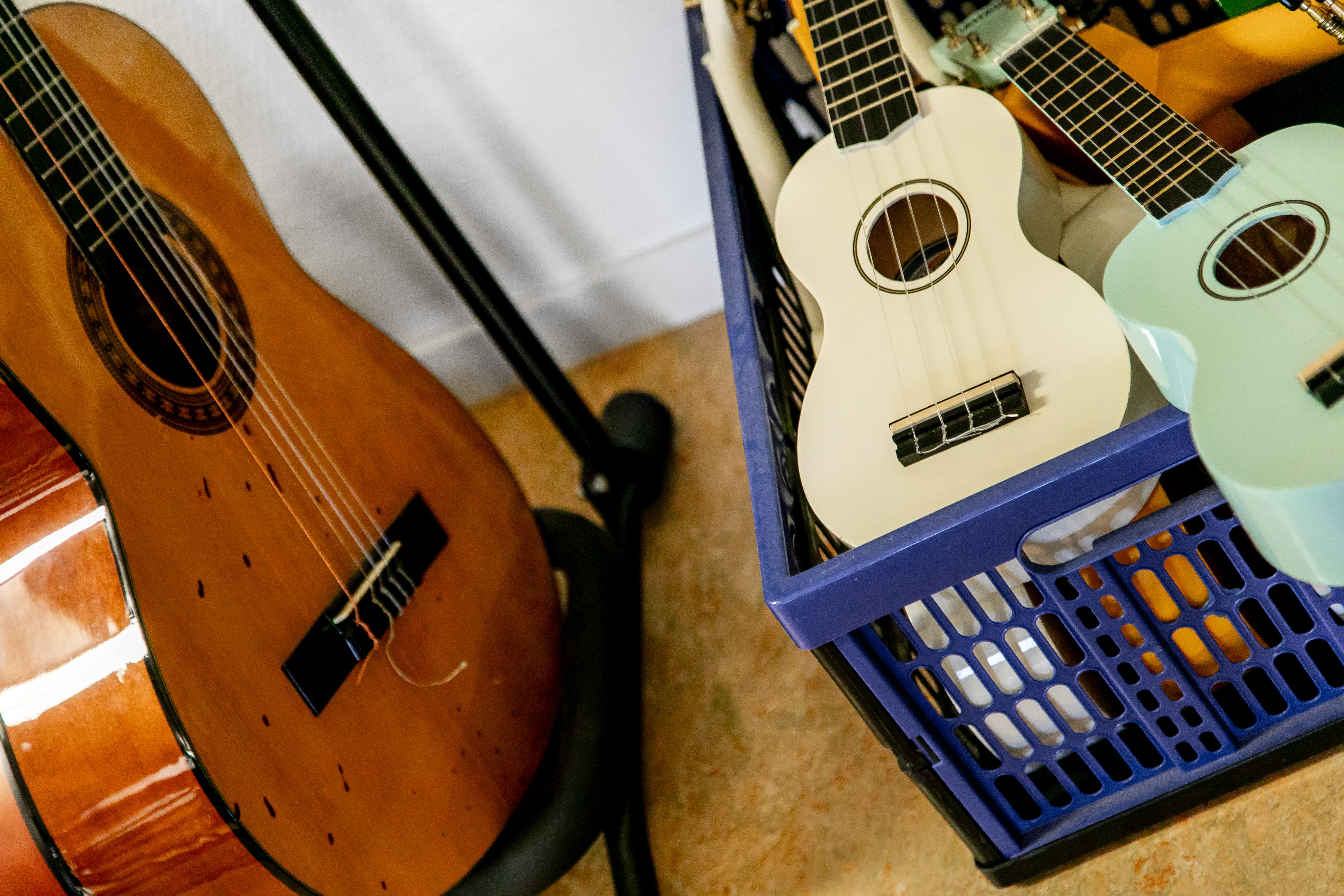 A close up of a guitar