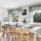 A kitchen with a dining room table