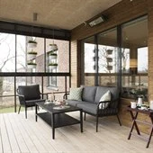 A balcony filled with furniture and a large window