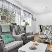 A green sofa in a living room