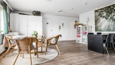 A room filled with furniture and a table