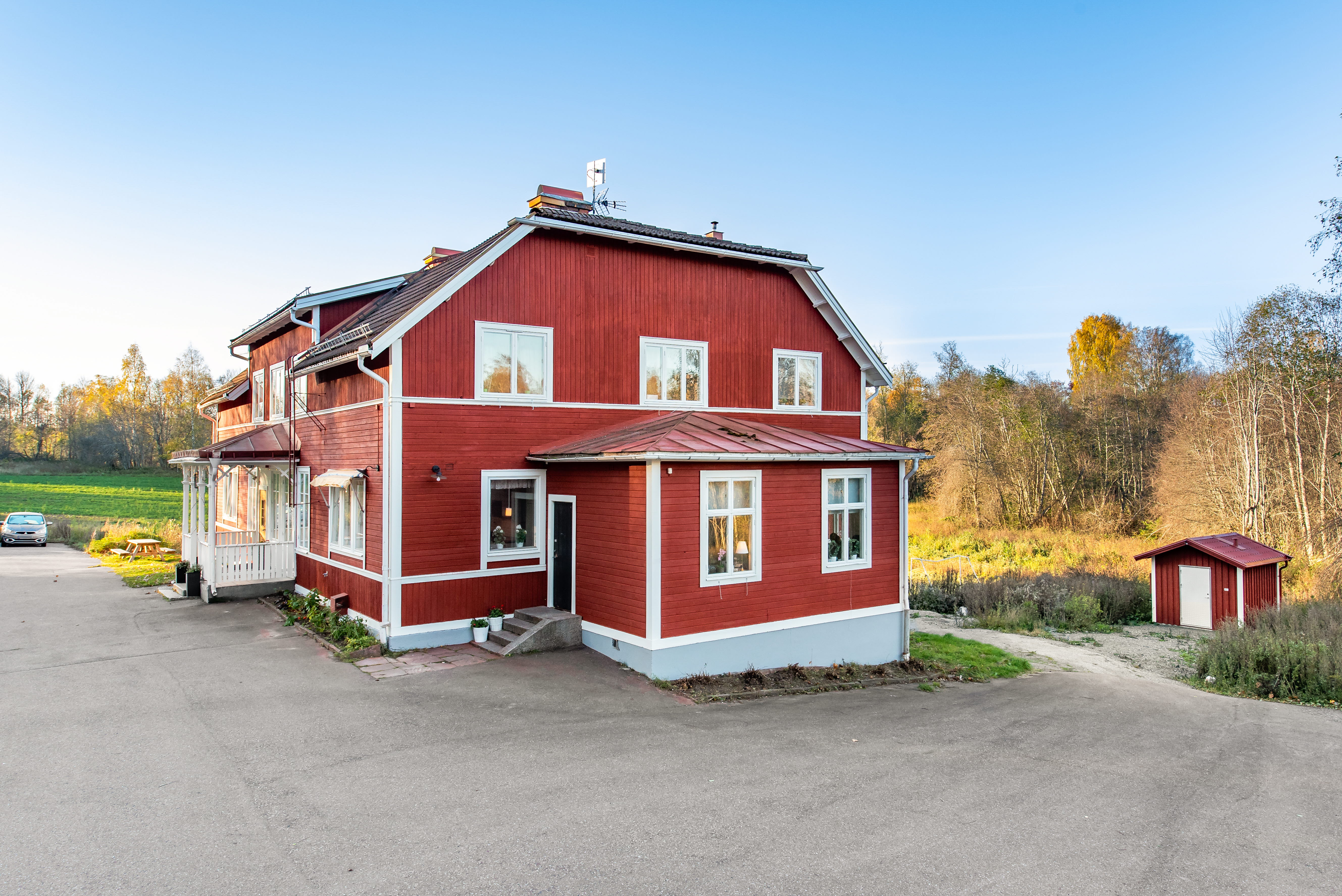 A small house in the background