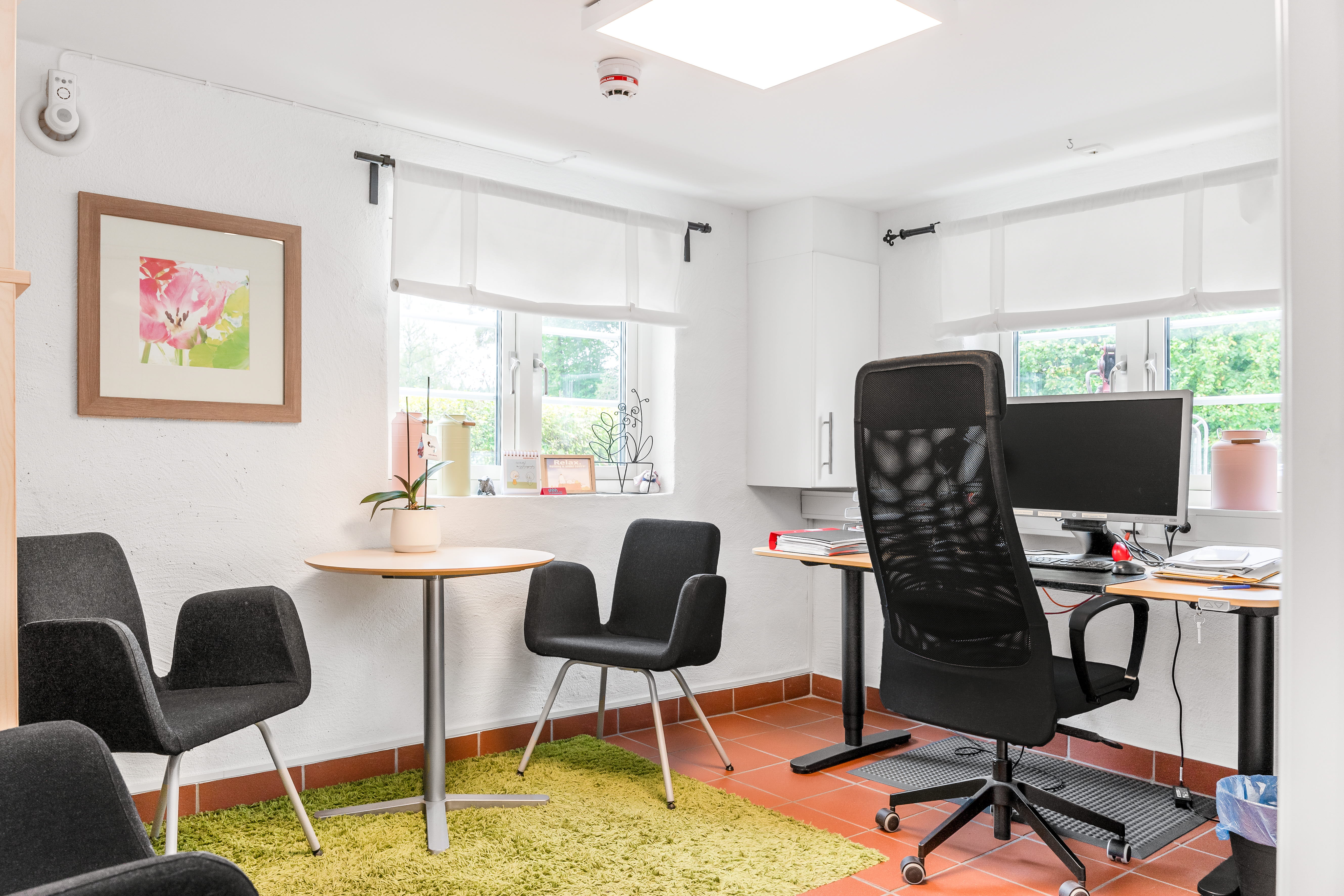 A living area with a desk and chair in a room