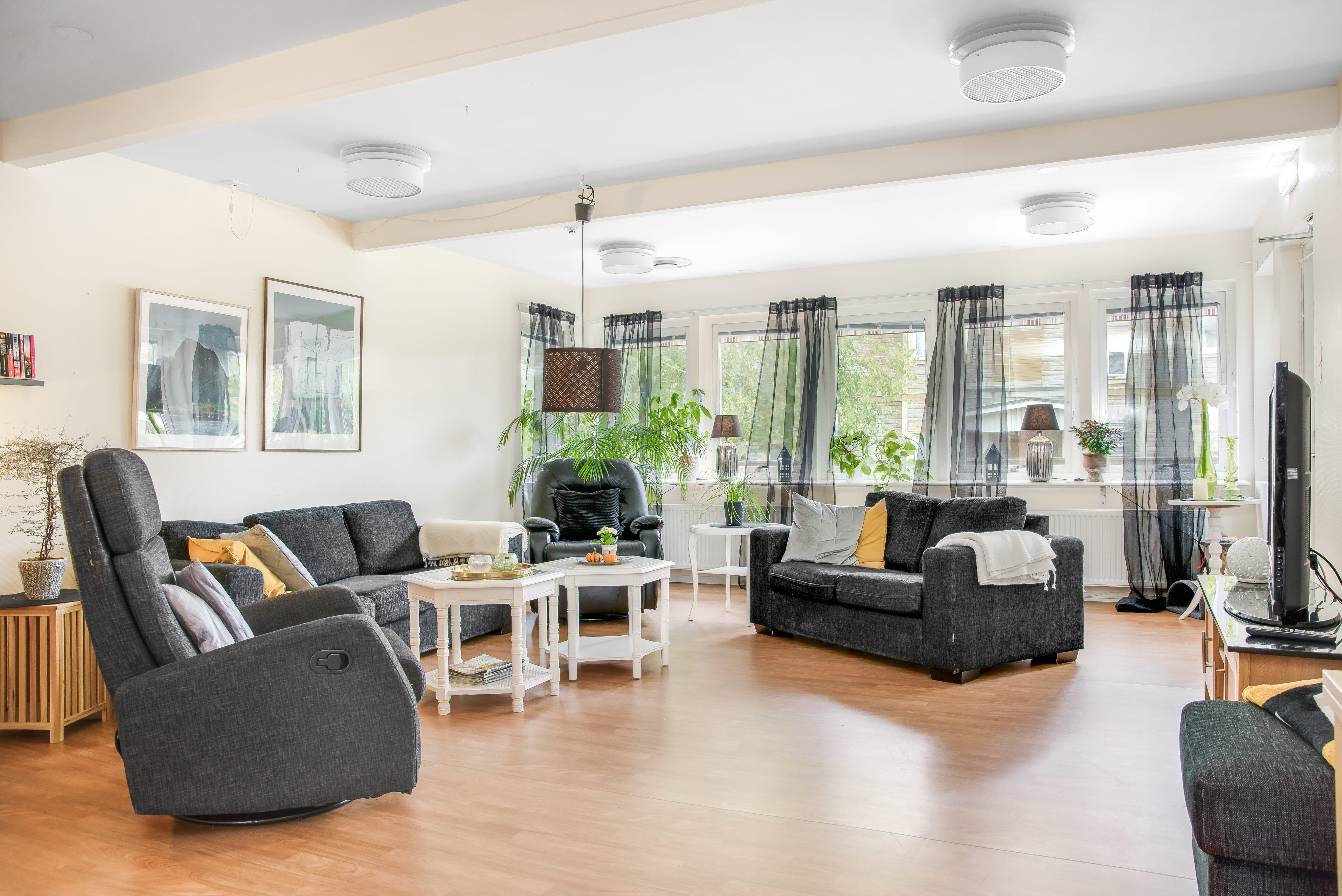A living room filled with furniture on top of a hard wood floor