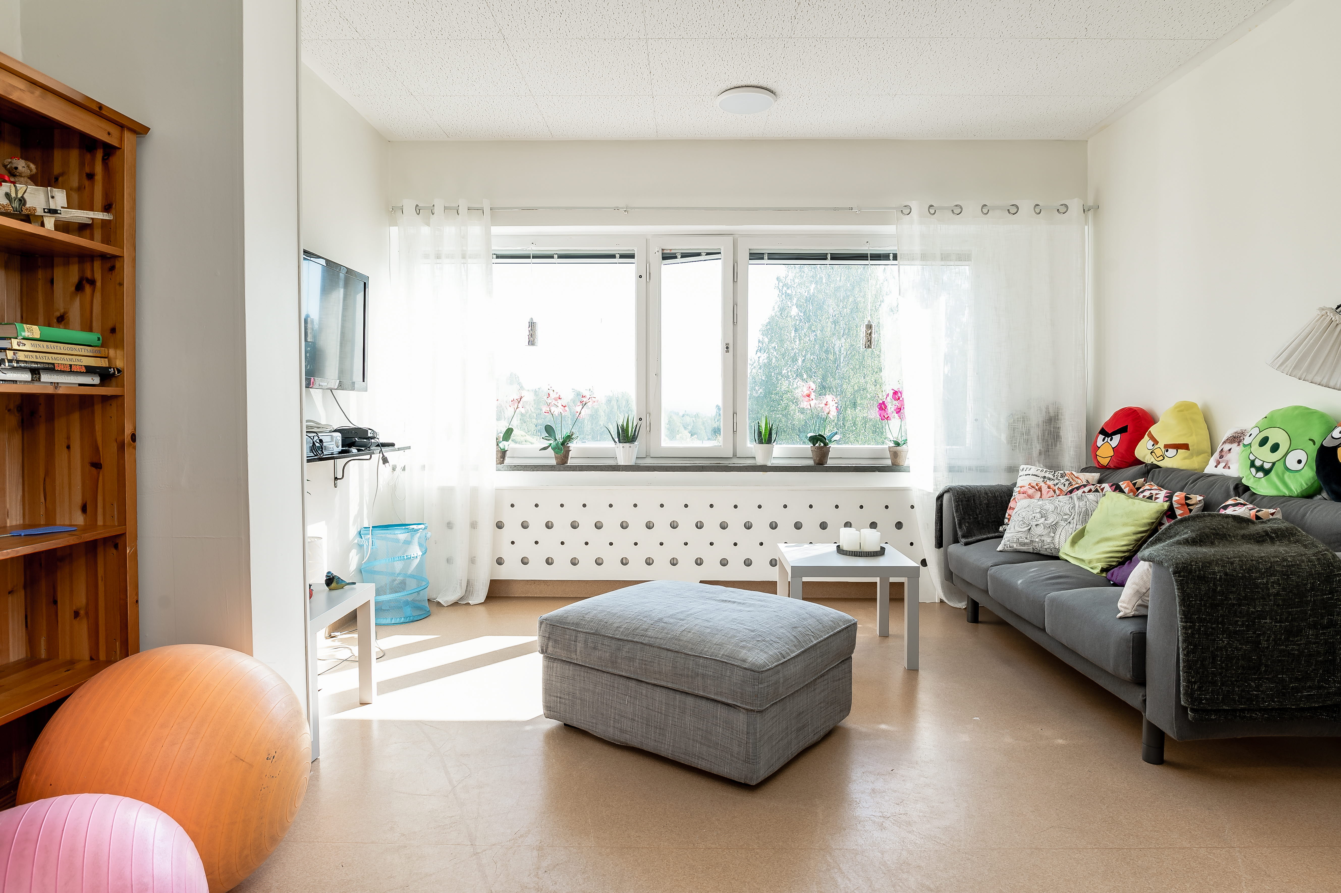 A living room filled with furniture and a book shelf