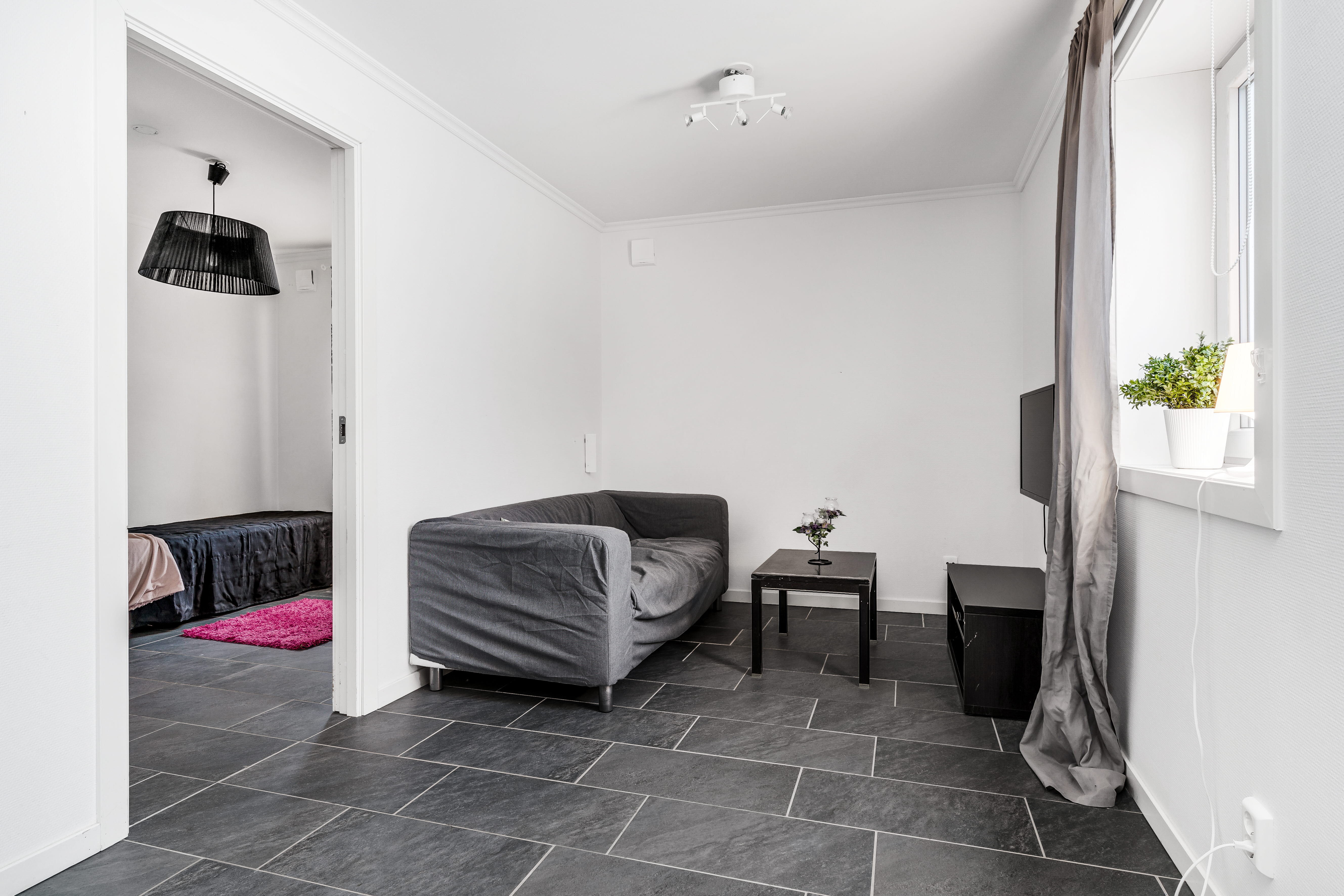A room with a tile floor