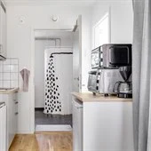 A kitchen with a sink and a microwave