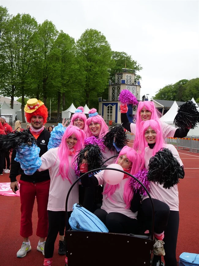 En clown och sex hejarklacks personer i rosa peruker poserar framför kameran
