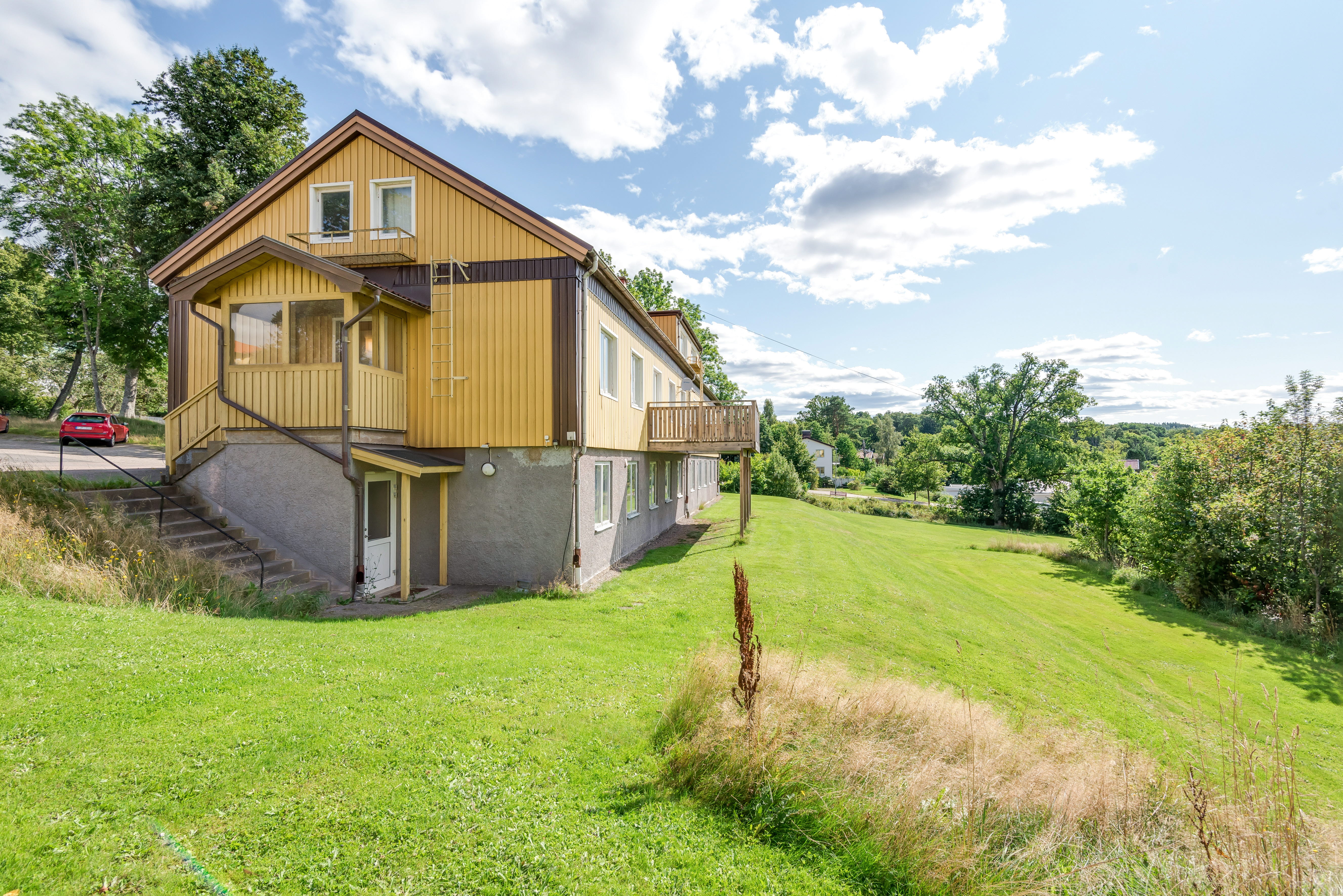 A house with a grass field